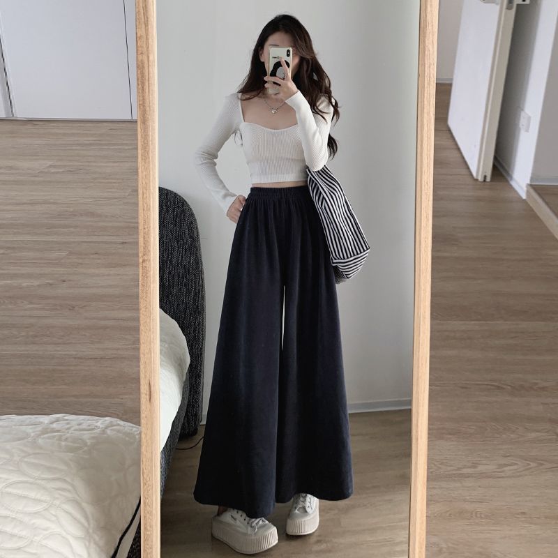 欧棉绒裙裤女春秋冬新款高腰宽松显瘦长裤裙卡其色休闲阔腿裤