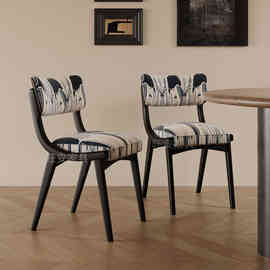 W8中古风实木餐椅家用大师设计轻奢白蜡木椅子布艺软包靠背椅化妆