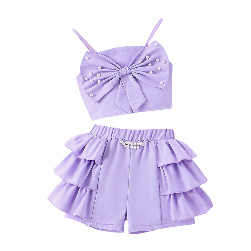 160g Weight Kids Clothing Sets Children's Clothing Type Sleeveless Sleeve Length Polyester Fabric Type Shorts Sets Sets Type 2 Pieces Set Quantity Casual, Daily Occasion Collarless Neckline Regular Fit Fit Type Solid Color Pattern 2025 Spring and Summer Season Girl'S Gender Pearl Design Simple Style Style Pink, Purple, Yellow Color Simple Style Solid Color Pearl Polyester Girls Clothing Sets 17