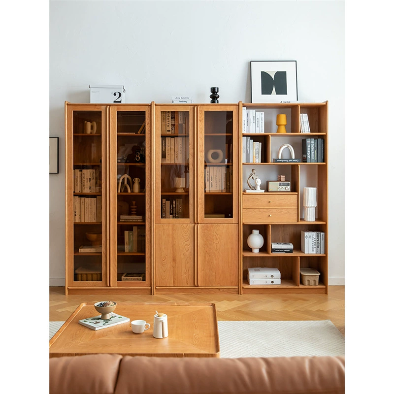 Книжный шкаф из цельного дерева в японском стиле из вишневого дерева со стеклянной дверью, книжная полка из скандинавского черного ореха, домашний пол, минималистичный книжный шкаф для хранения