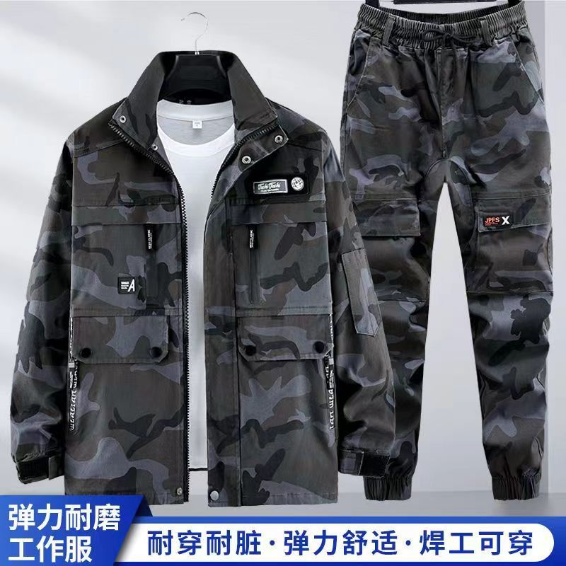 Factory wholesale spring and autumn workwear elastic workwear auto repair outdoor stain-resistant welding labor protection anti-scald camouflage clothing suit