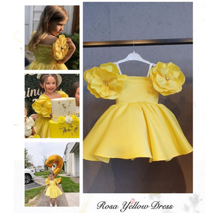 Foreign trade popular pure color children's dress off-shoulder flower retro European and American ins girls dress Party ceremony