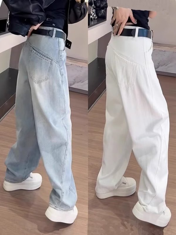 レトロシミタージーンズレディース春秋大きいサイズファットmm洋ナシ体型ゆったりハイウエストスリムストレートワイドレッグパンツ|undefined