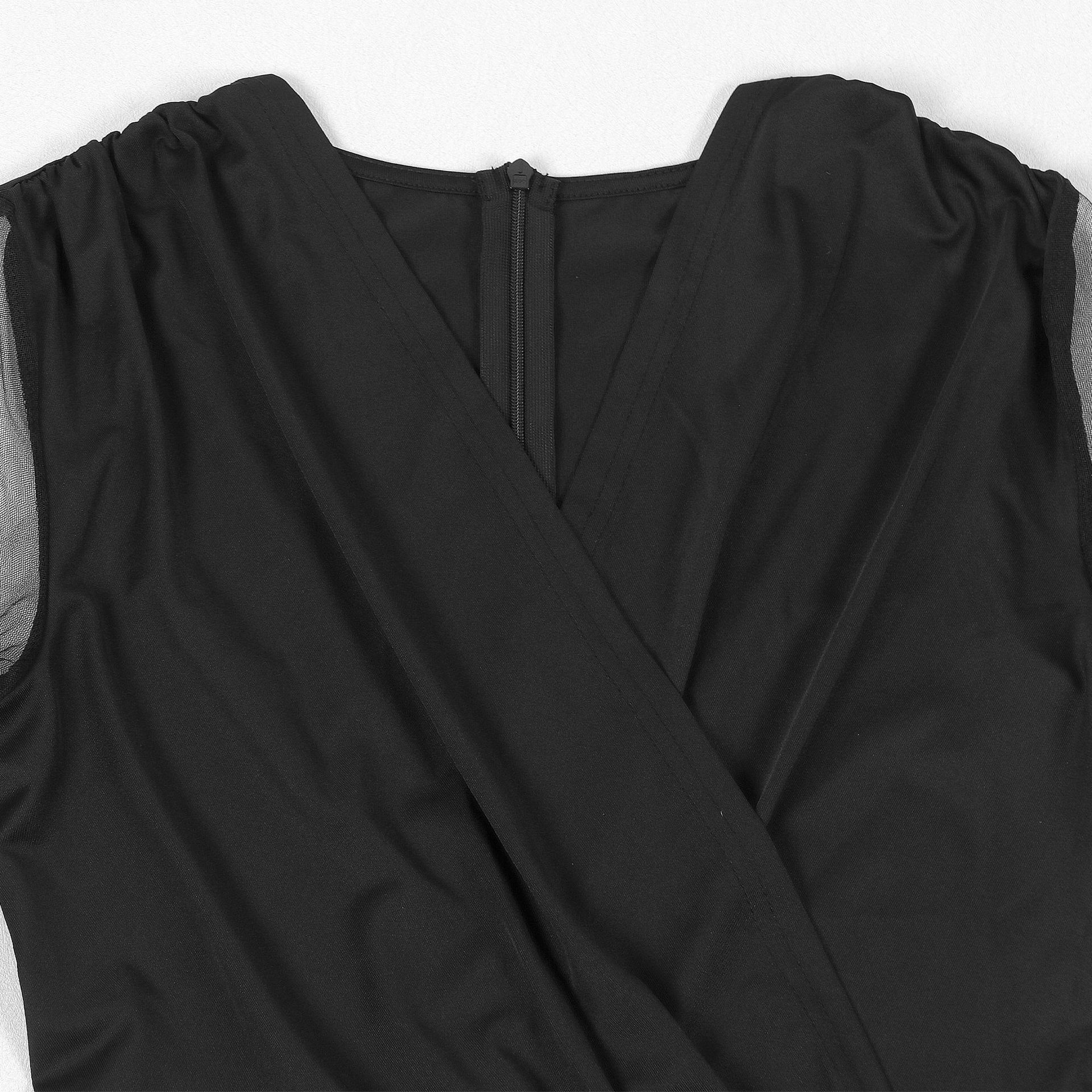 Sexy Drilling V neck Stitching See through Sleeve Hip Stretch Dress