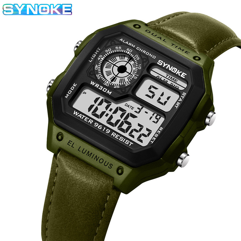 SYNOKE Sports Electronic Watch Retro Trendy Men's Belt Style Waterproof Multifunctional Luminous Classic Square