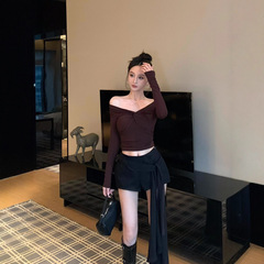 女装高级感套装气质V领修身长袖一字肩上衣设计感飘带绑带短裤子