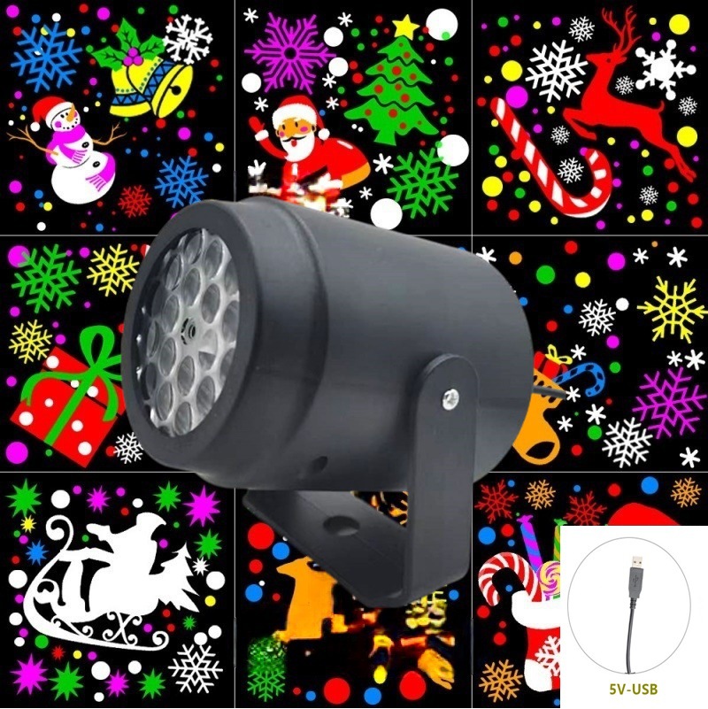 Mini proyector navideño con 16 patrones, copos de nieve y árbol de Navidad, lámpara decorativa giratoria