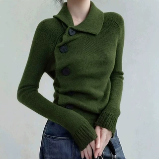 秋冬季复古绿色斜扣翻领毛衣针织打底衫女内搭巨好看显瘦长袖上衣