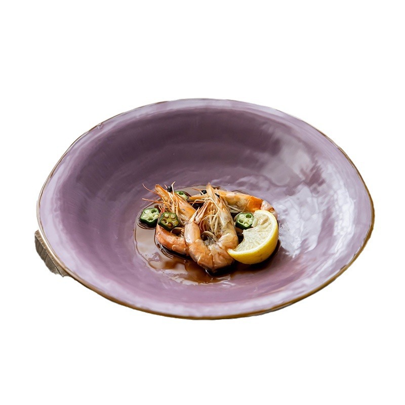 Plato grande de cerámica irregular, plato para carne al estilo occidental, plato para pasta, plato morado texturizado de estilo nórdico, vajilla para el hogar
