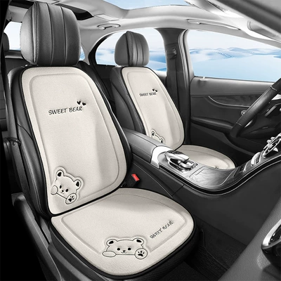 Linen car seat cushion, summer breathable cartoon cute seat pad, single piece universal non-slip wear-resistant seat cover