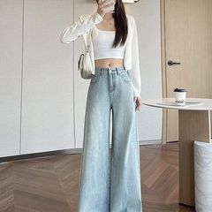 水色のワイドバージョンのワイドジーンズ女性2025春の新型ハイウエストはゆったりしています。