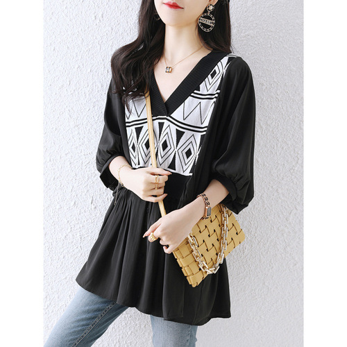 Summer Fat mm 300 Pounds Plus Size False Two-Piece Chiffon Splicing V-Neck Knit Loose Top Women's Shirt