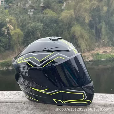 Motosiklet kaskı (dəbilqə) — Helmet, Motorcycle Helmet, Full-Face - green-lines-with-black-mirror-headphone-slot-universal-for-all-seasons-s-head-circumference-52-53-weight-45kg-or-less