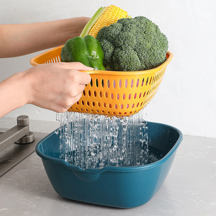 Cocina de doble capa de frutas y verduras canasta de drenaje canasta de almacenamiento de plástico de doble capa de 6 piezas canasta de lavado de verduras canasta de drenaje del fregadero