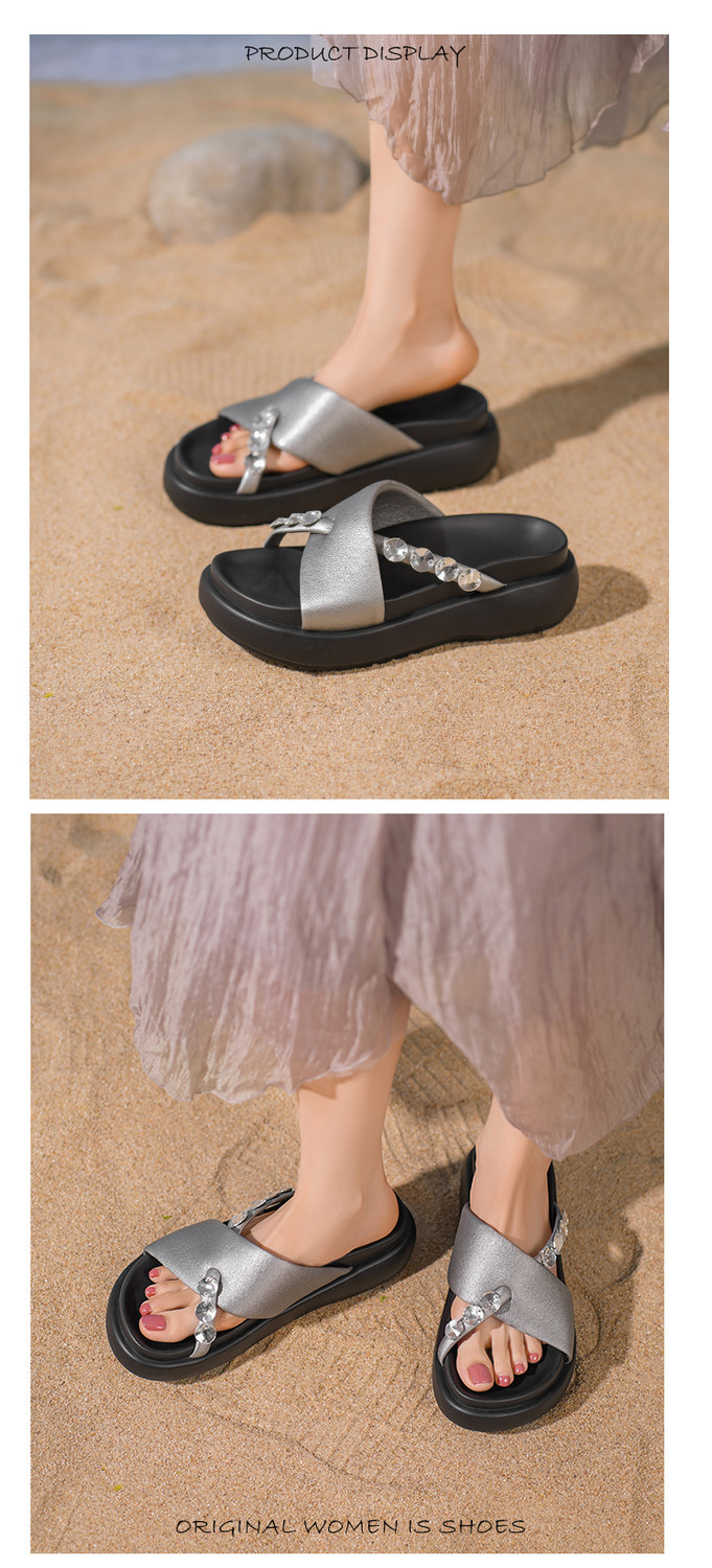 Dép sandal nữ xỏ ngón đế xuồng đính đá pha lê, đế dày thoải mái, đi biển mùa hè — đen, bạc chi tiết 4