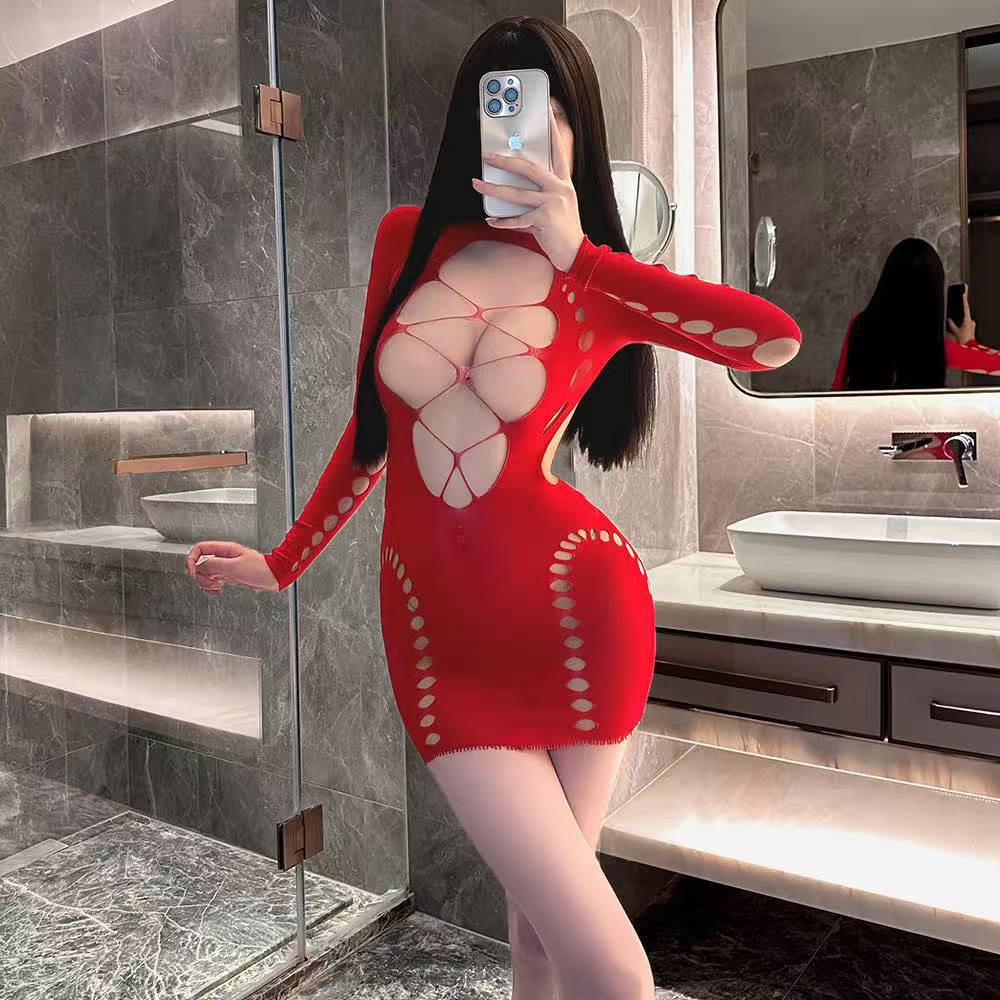 Women’s Long-Sleeve Fishnet Mesh Bodystocking Dress, See-Through Backless One-Piece, Red One Size — detail image 1