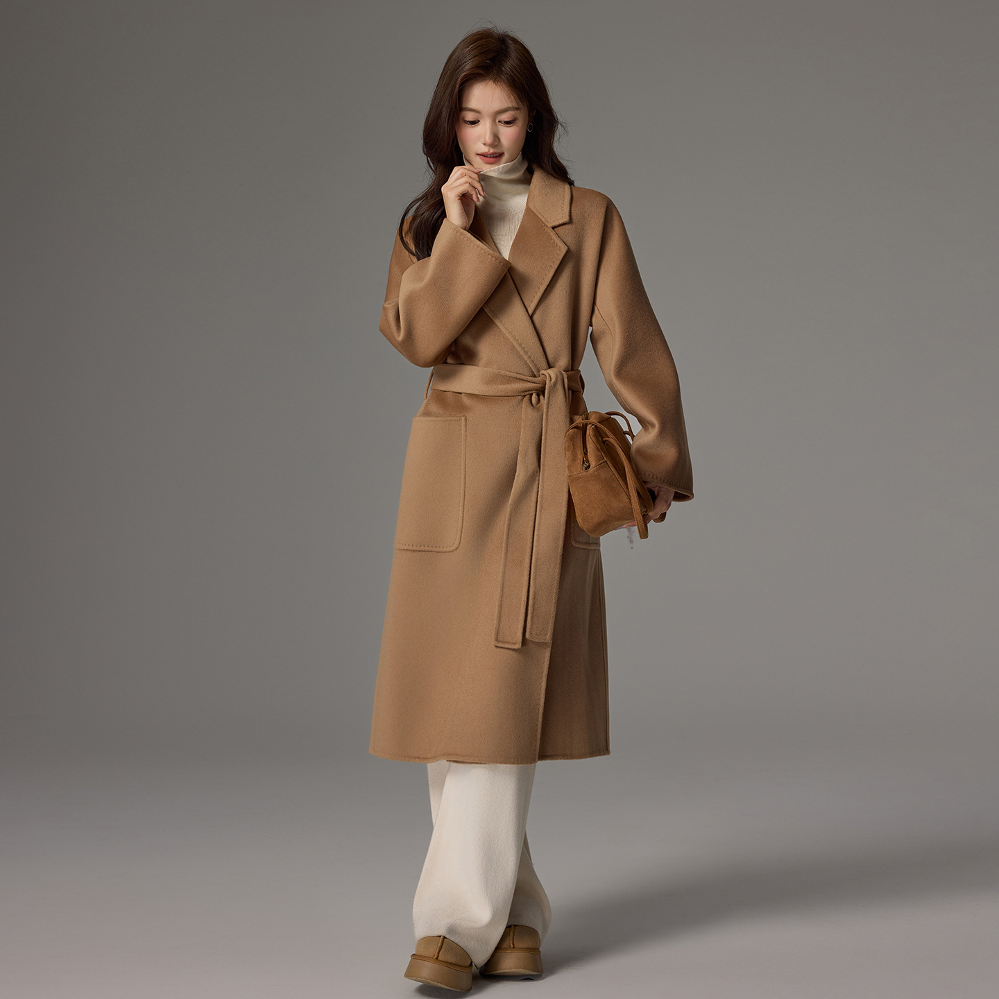 10% Cashmere Outwear Women's Mid-Length Classy Elegant Small Double-Breasted Wool Woolen Outwear Camel Color
