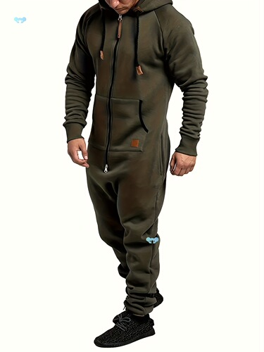 A Men's Hooded Lined Fleece Jumpsuit Long Sleeve Full Zip