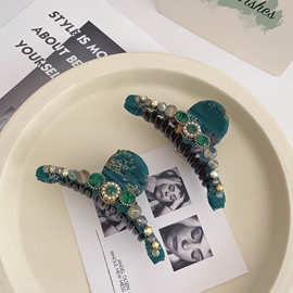 森系珍珠水钻一字抓夹大号雪纺缠绕复古发抓鲨鱼机后脑勺发卡少女