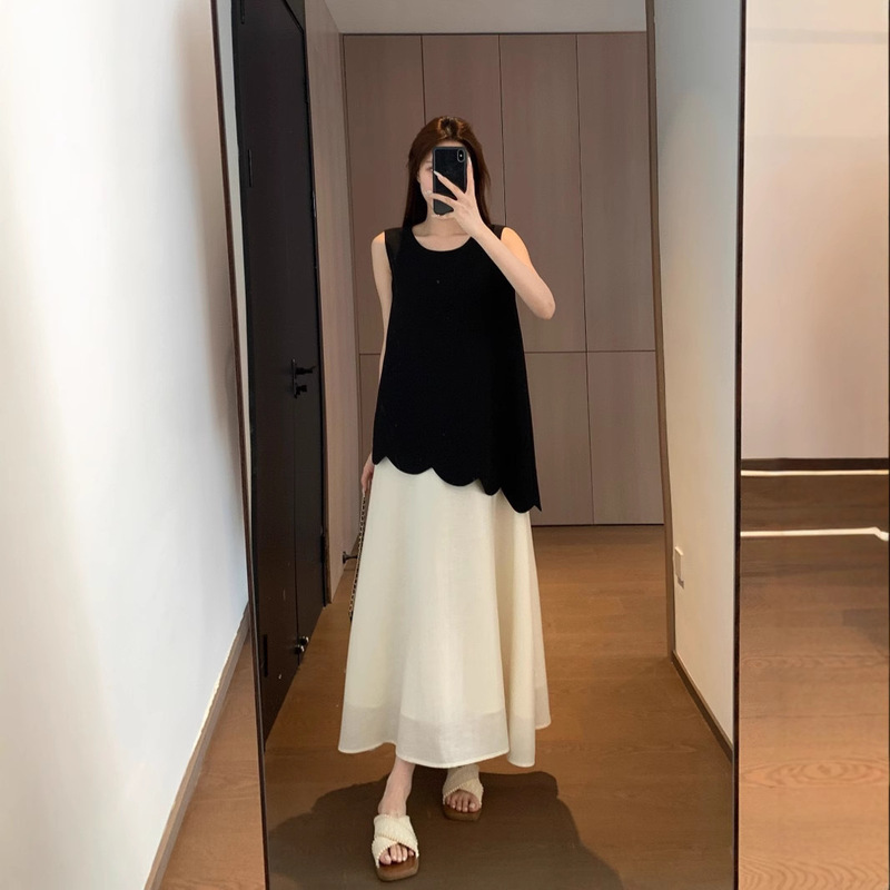 Smart and Playful Tencel Acetate Linen Light and Elegant Loose Version Fake Two-Piece Vest Dress