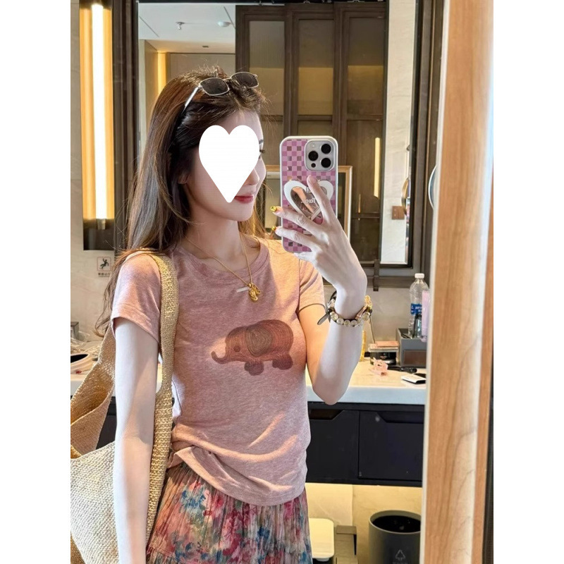Factory Wholesale Korean Pink Elephant Print Right Shoulder Short-Sleeved T-Shirt for Women Summer Slimming Look Thin Top Factory Wholesale Korean Pink Elephant Print Right Shoulder Short-Sleeved T-Shirt for Women Summer Slimming Look Thin Top