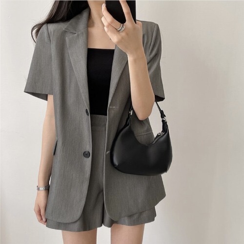 Two-button Lapel Short-sleeved Small Suit Jacket Women's Suit Shorts Triple Pants Retro Hong Kong-style Casual suit Women