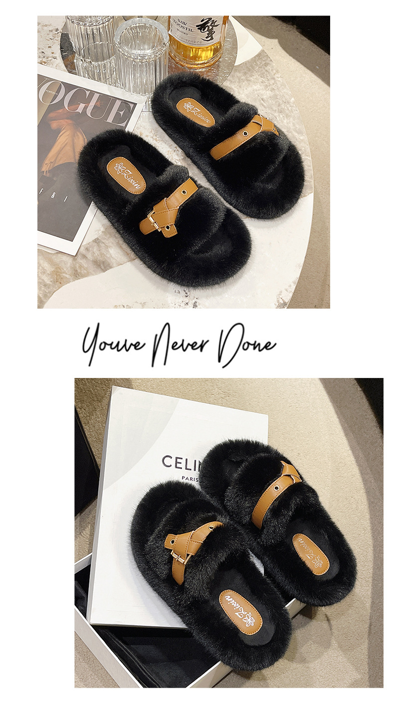 Pantofole in pelliccia nera panda di vendita calda per donna 2023 nuovo nodo con cintura autunno e inverno con calzini e mezze pantofole in velluto_voghion.com