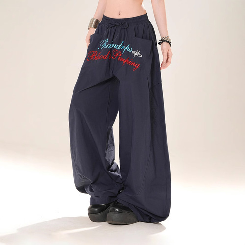 2025 new style American letters embroidered casual machete pants, paratrooper pants, women's design, loose straight, wide-leg pants, trendy