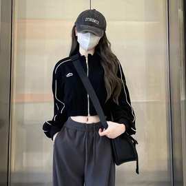 美式卫衣女长袖高腰外套春秋复古露脐拉链开衫短款上衣跨境直播潮