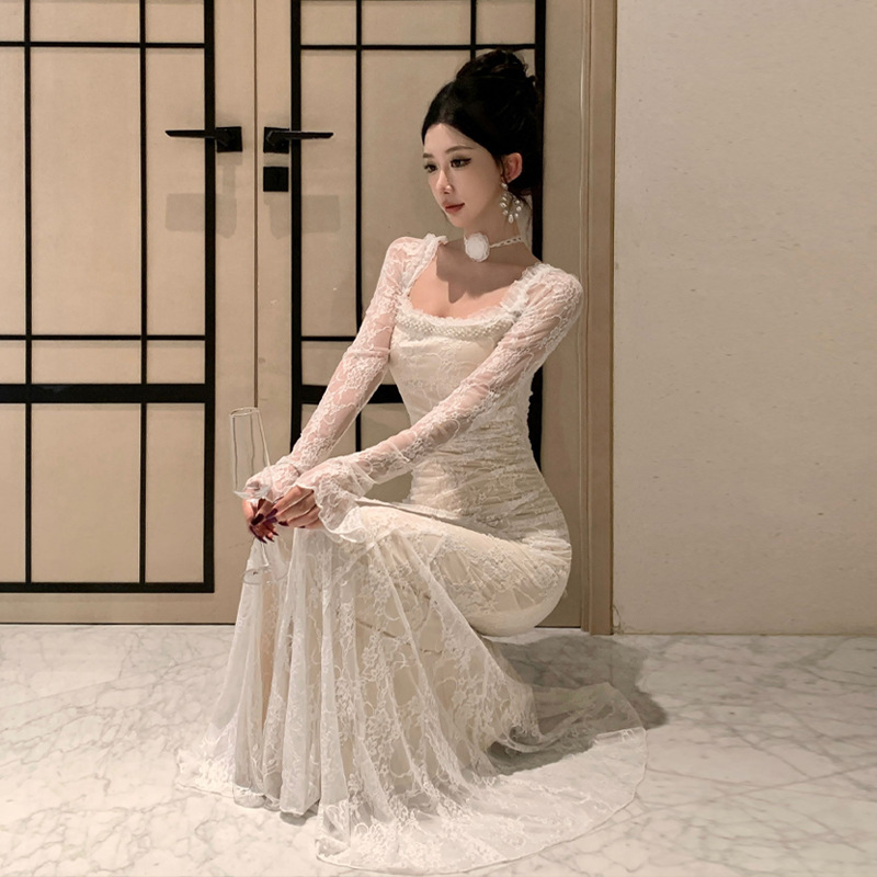 1636 유럽과 미국 국경 대외 무역 여성 의류 도매 섹시한 하이 엔드 센스 스퀘어 칼라 레이스 체인 저녁 원피스 원피스