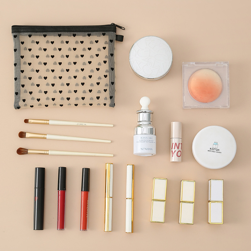 Mini bolsa de cosméticos de hilo de red de amor bolsa de flocado portátil bolsa mediana bolsa de boca transparente multifuncional