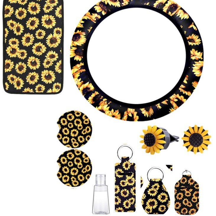 方向盘套组合套装潜水料防滑汽车扶手箱套SBR向日葵定图任意图案