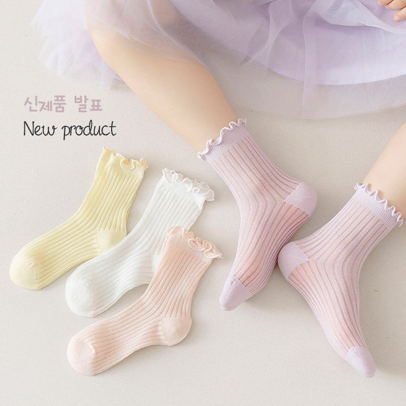 Girls' boneless socks for spring and summer girls Korean-style wooden ear pile socks for children's summer thin mesh mid-tube socks