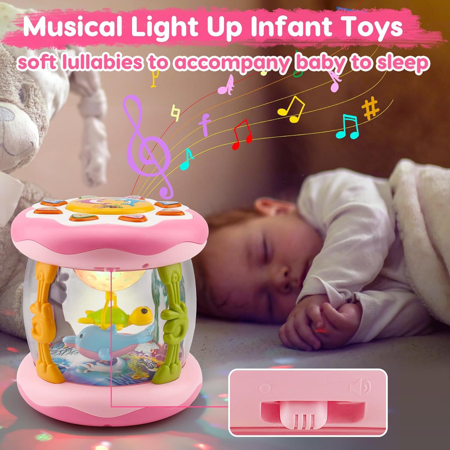 Amazon exportación de bebés bater bater baterías de mano baterías de luces transfronterizas música juguetes para bebés mar giratorio baterías de baterías de tambores