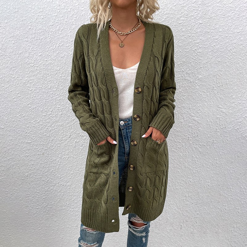 Suéter de punto largo estilo lluvia fina europeo y americano para mujer, otoño/invierno 2025, cárdigan nuevo con botones, ideal para comercio exterior, disponible en Amazon.