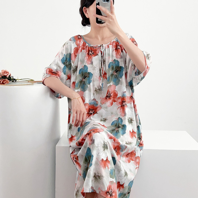 New Chinese Style Floral Short-sleeved Cotton Silk Nightgown Women's Spring and Summer Loose Chinese Style Cotton Silk Pajamas Home Clothes Summer plus size