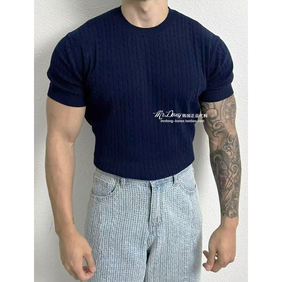 Suéter de punto de manga corta torta sensación de textura masculina Negocio británico autocultivo muscular seda de hielo verano comercio exterior transfronterizo al por mayor