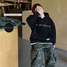 【加工定制】2025男童冬款韩版彩色字母刺绣贴标连帽加绒儿童卫衣