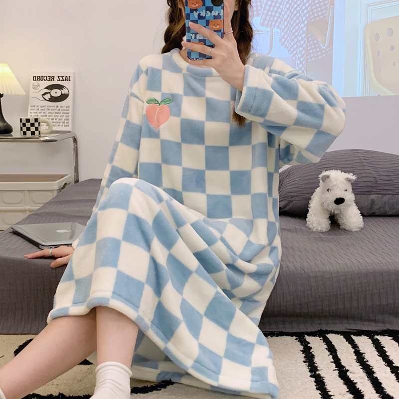 El otoño y el Invierno de las nuevas mujeres camisón espesado caliente MIDI vestido dibujos animados a cuadros franela Home wear en línea transmisión en vivo