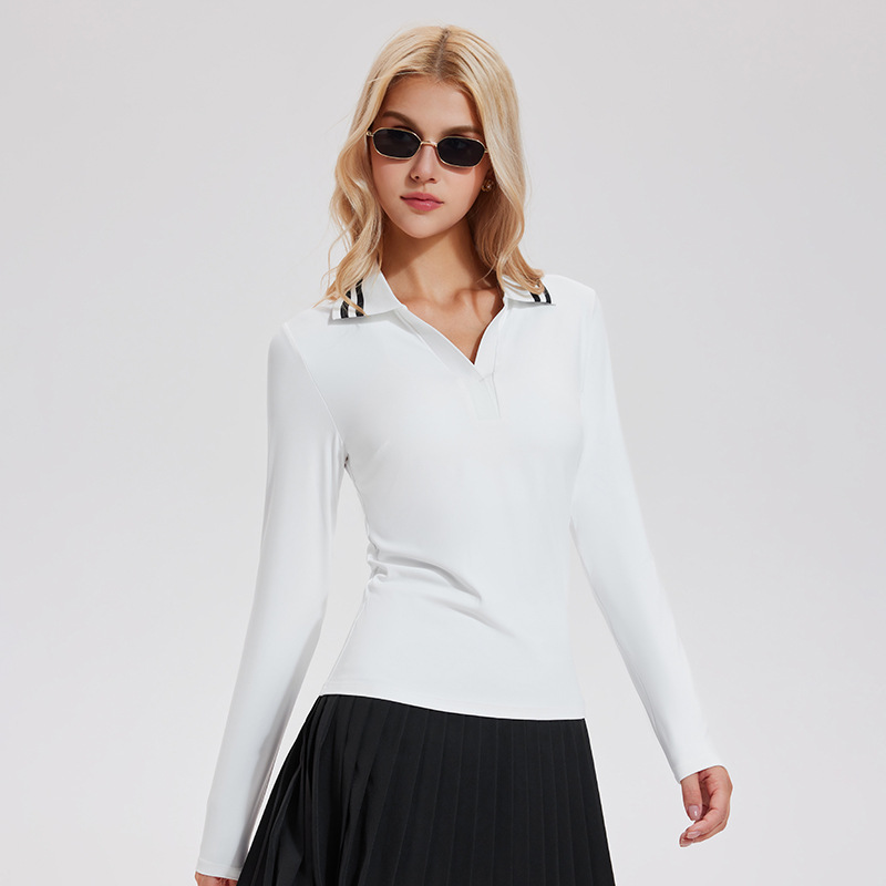 V-collar chaqueta de tenis de mangas largas camiseta de polo deportiva con solapa camiseta de negocios de golf casual chaqueta de ejercicio de secado rápido