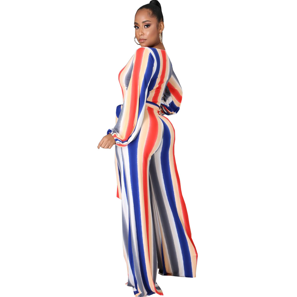 Stripe Print V-Neck Long Sleeved Jumpsuit NSMRF116557