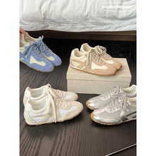 牛皮版透气真皮网面拼色软底休闲德训鞋女轻便百搭平底阿甘运动鞋