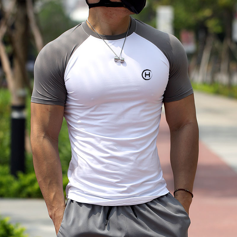 Summer Fitness Clothes Men's High Elastic Thin Outdoor Sports T-shirt Color-matching Round Neck Raglan Sleeve Quick-drying Tight-fitting Running