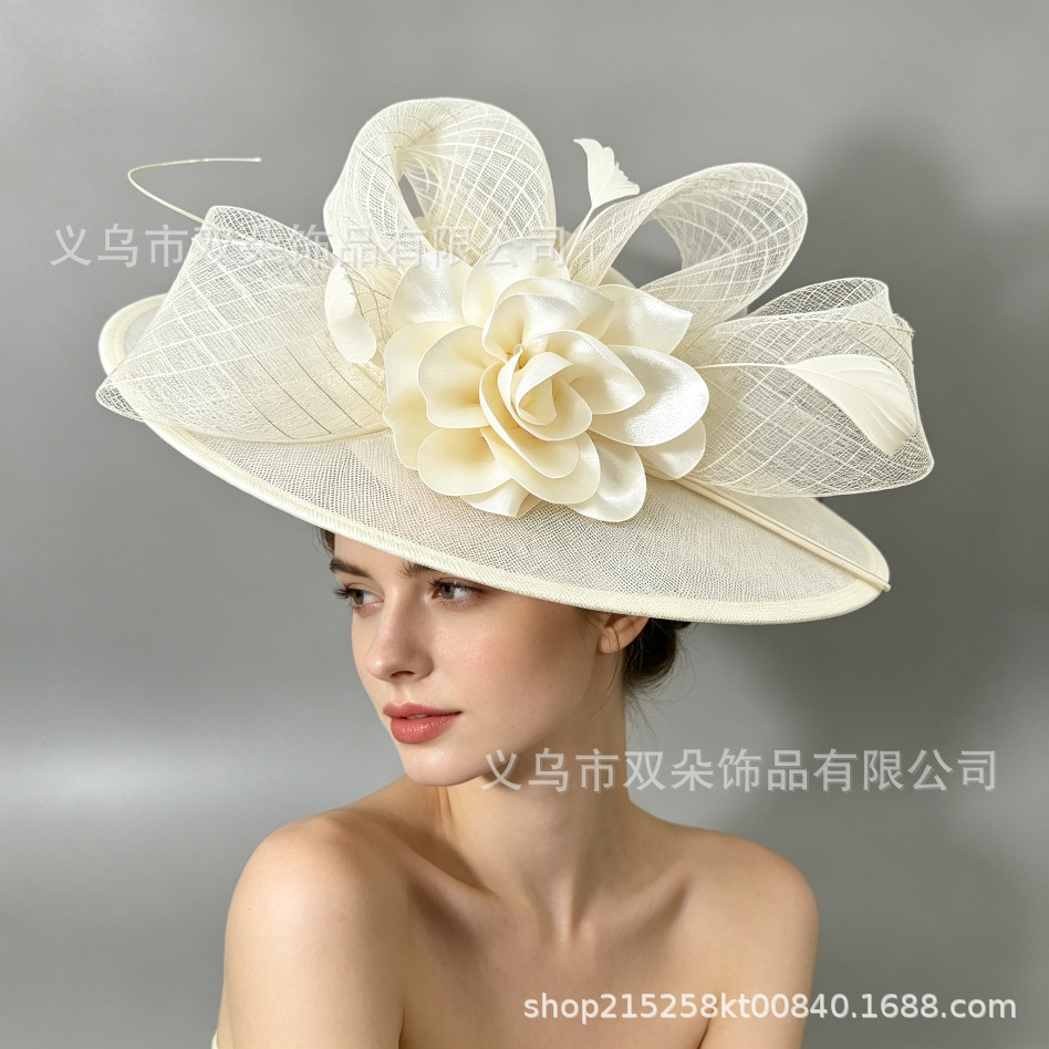Cross-border European and American vintage-style faux-linen top hat with mesh and feathers, horse racing festival headpiece, evening bridal dress accessory