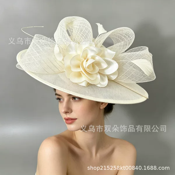 Cross-border European and American vintage-style faux-linen top hat with mesh and feathers, horse racing festival headpiece, evening bridal dress accessory