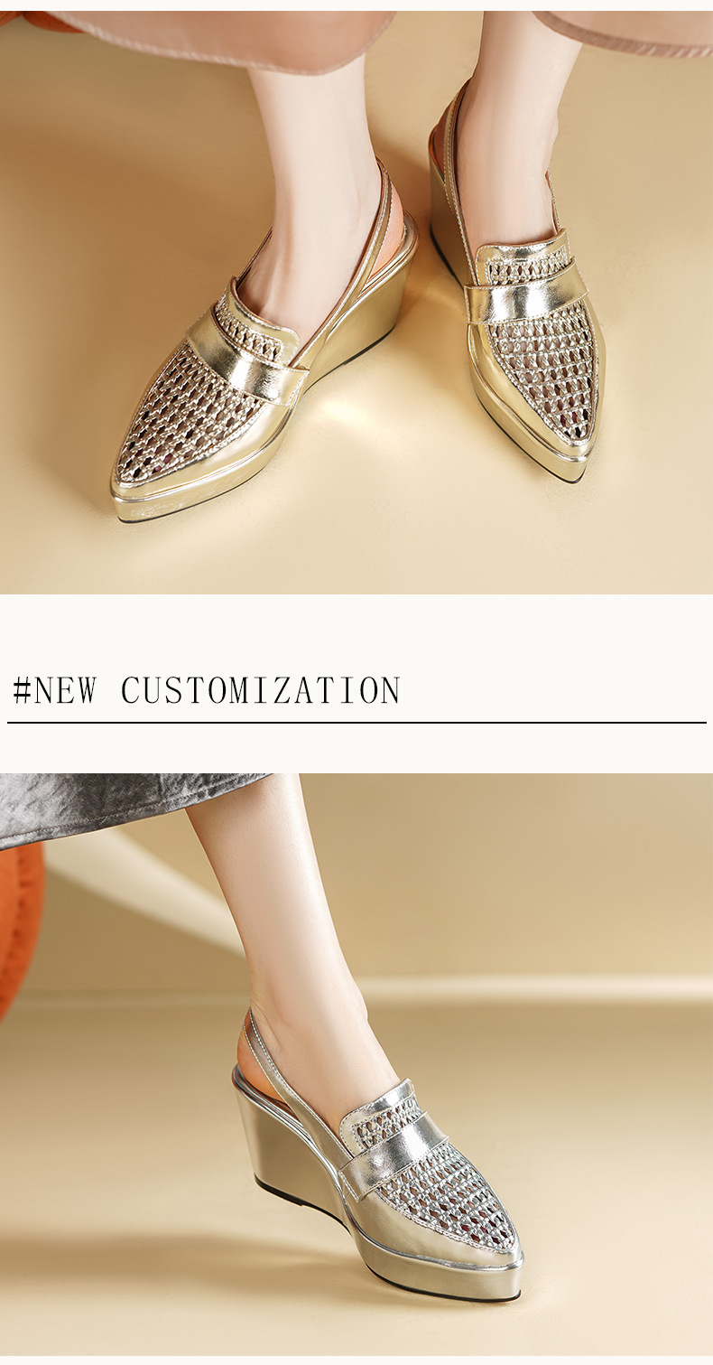 Sandal cao gót nữ quai ngang mũi nhọn đế xuồng 9cm dệt lỗ thoáng khí — vàng, bạc chi tiết 4