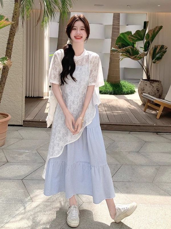 小清新蕾丝罩衫格子吊带连衣裙套装女2025夏季新款韩系甜美两件套|undefined