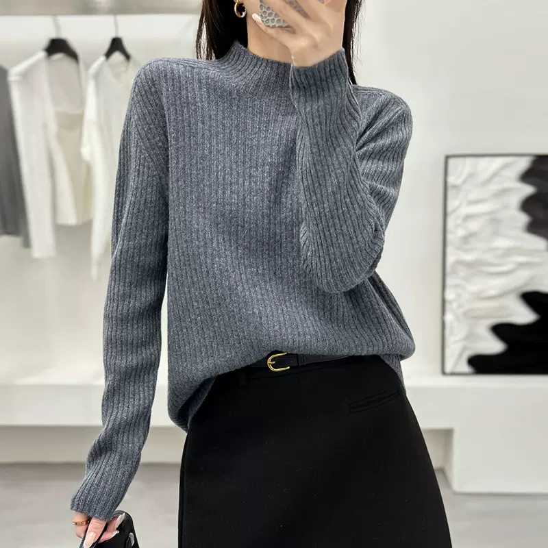 25秋冬休闲宽松简约半高领长袖羊绒羊毛针织套头衫女毛衣打底上衣