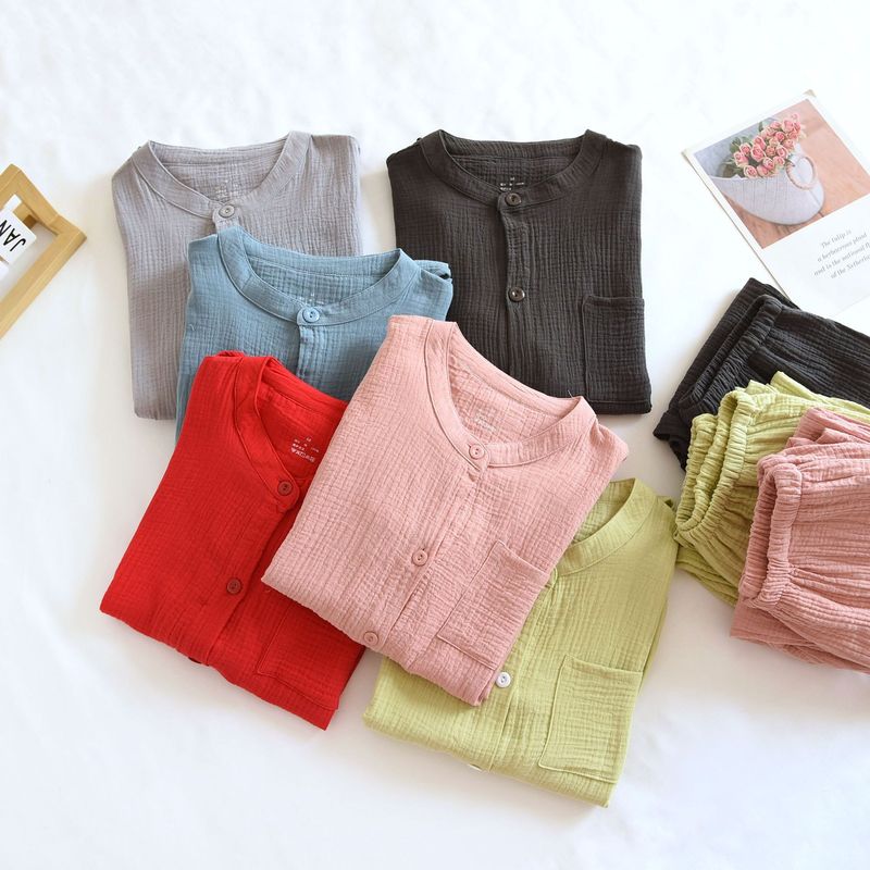 Four Seasons New Style Crepe Men's and Women's Pajamas Double-Layer Cotton Yarn Couple's Home Clothes Cotton Simple Long Sleeve Trousers