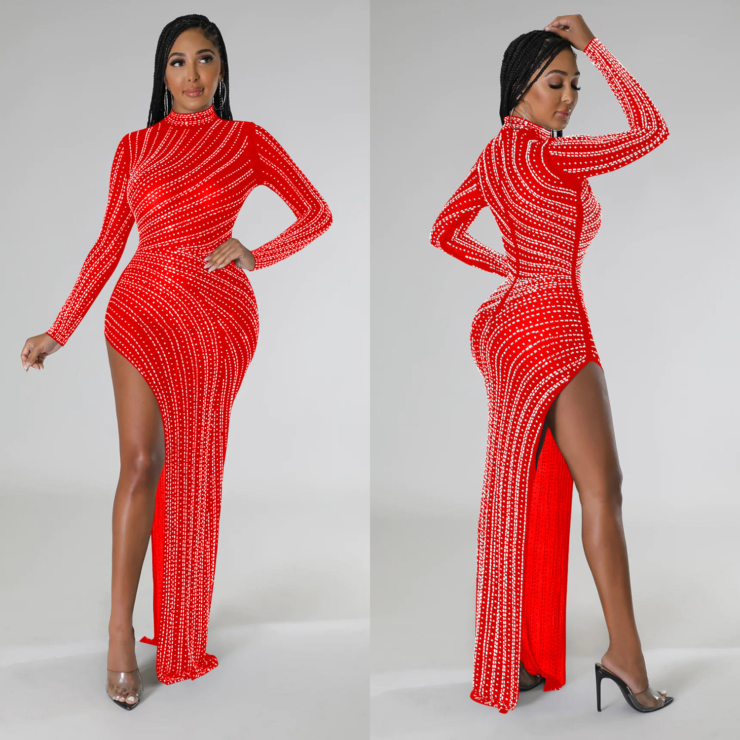 C6040 transfronteriza AliExpress Amazon Europa y América de las mujeres de moda de color sólido de malla rhinestone Vestido de manga larga vestido